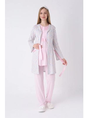 Erdeniz Tekstil Hamile Pijama ve Sabahlık Takımı 3’lü – Lohusa Pijama Bisiklet Yaka Çizgili Desenli Pamuk Viskoz