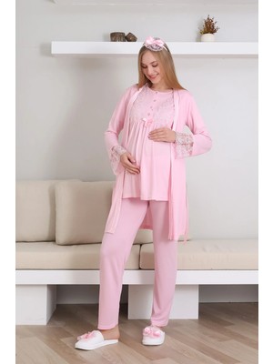 Erdeniz Tekstil Kısa Kol Bisiklet Yaka Hamile & Lohusa Pijama Takımı / 3 Parça Pijama ve Sabahlıklı Hamile Giyim