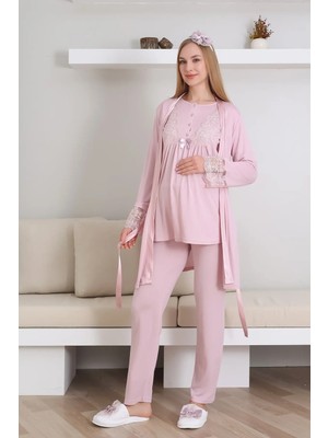 Erdeniz Tekstil Kısa Kol Bisiklet Yaka Hamile & Lohusa Pijama Takımı / 3 Parça Pijama ve Sabahlıklı Hamile Giyim