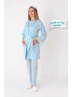 Erdeniz Tekstil Hamile Pijama Takımı Emzirmeli Dantel Detaylı Viskoz Kumaş - Terlik ve Taç Hediyeli