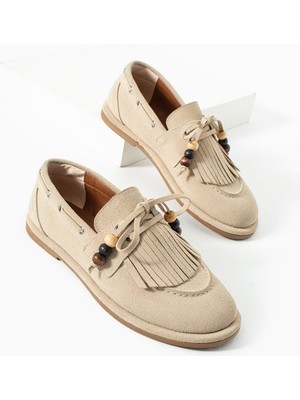 Kadın Bej Süet Püsküllü Boncuklu Loafer Ayakkabı - Rahat Mokasen Babet Ansel
