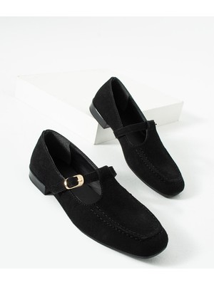 Kadın Siyah Tokalı Kemerli Düz Taban Günlük Loafer Babet Ayakkabı Nera