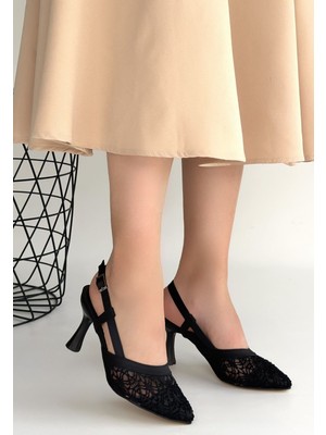 Alfaze Siyah Cilt Tül Detaylı Arkası Açık Topuklu Ayakkabı Topuk Boyu 8,5 cm