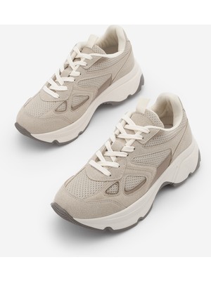 Marjin Kadın Sneaker Yüksek Kalın Taban Çok Parçalı Bağcıklı Spor Ayakkabı Volina Bej Süet