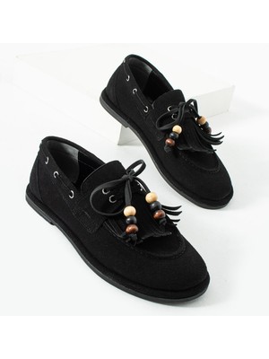 Kadın Siyah Süet Püsküllü Boncuklu Loafer Ayakkabı - Rahat Mokasen Babet Ansel