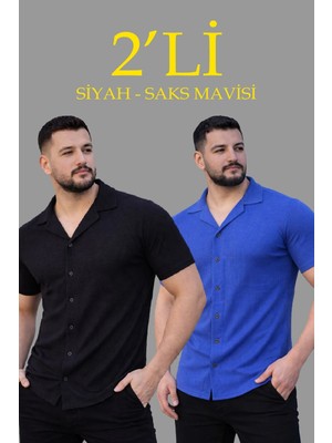 Glam Love Erkek Waffle Dokuma Açık Yakalı Düğmeli Regular Kalıp 2’li Gömlek Seti - Siyah  Saks Mavisi