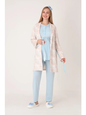 Erdeniz Tekstil Hamile Lohusa 3’lü Pijama & Sabahlık Seti – Viskoz Pamuk Kumaş, Düğmeli Emzirme, Desenli Sabahlık