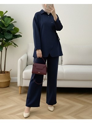 Modamorfo Çapraz Düğmeli Yandan Bağlamalı Yün Efekt Takım  -Laci