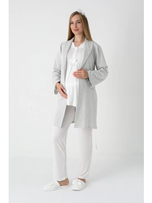 Erdeniz Tekstil Lohusa ve Hamile Pijama ve Jakarlı Çizgili Sabahlık Takımı Önü Düğmeli Uzun Kollu Pijama 3'lü Takım