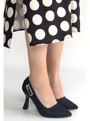 Alfaze Siyah Saten Simli Sivri Burun Topuklu Ayakkabı Topuk Boyu 8,5 cm