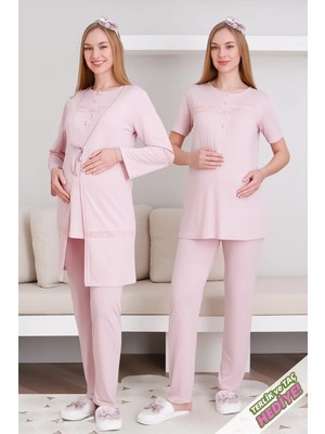 Erdeniz Tekstil Hamile & Lohusa Pijama Takımı Sabahlıklı Dantel Detaylı ve Önü Düğmeli / Terlik ve Taç Hediyeli