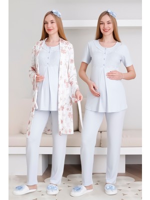 Erdeniz Tekstil Melisa Pijama ve Sabahlık Takımı / 3'lü Lohusa & Hamile Takımı / Kısa Kollu, Önü Düğmeli Pijama