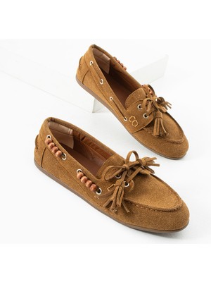 Kadın Taba Süet Loafer Ayakkabı Püsküllü Bağcıklı Günlük Makosen Model Carlas