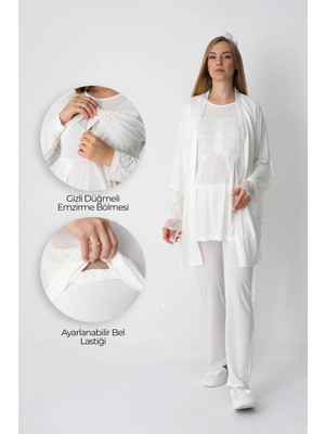 Erdeniz Tekstil Hamile Lohusa Pijama ve Sabahlık Takımı / Düğmeli Gizli Emzirme / Dantel Detaylı Viskoz Gecelik