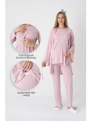 Erdeniz Tekstil Hamile Lohusa Pijama ve Sabahlık Takımı / Düğmeli Gizli Emzirme / Dantel Detaylı Viskoz Gecelik