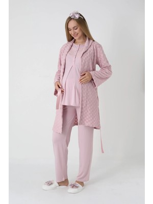 Erdeniz Tekstil Hamile Giyim 3'lü Pijama ve Sabahlıklı Takım - Kareli Jakarlı Sabahlıklı Lohusa Düğmeli Pamuk Pijama