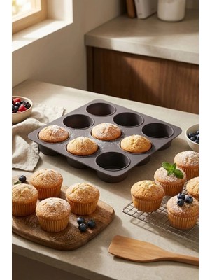 Evle Silikon Muffin Kalıbı 9 Gözlü – 24,5 x 24,5 cm | Yapışmaz Esnek Fırın Kalıbı