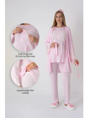 Erdeniz Tekstil Hamile Lohusa Pijama ve Sabahlık Takımı / Düğmeli Gizli Emzirme / Dantel Detaylı Viskoz Gecelik