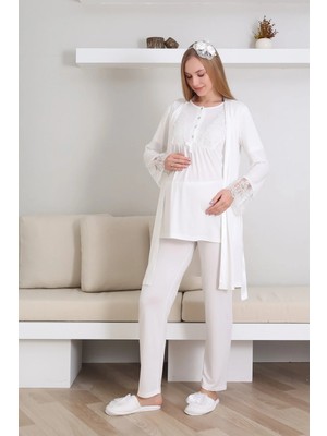 Erdeniz Tekstil Kısa Kol Bisiklet Yaka Hamile & Lohusa Pijama Takımı / 3 Parça Pijama ve Sabahlıklı Hamile Giyim