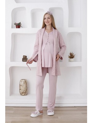 Erdeniz Tekstil Hamile Pijama Takımı Pudra Renk Kapitone Kumaş Dantel Detaylı Sabahlık