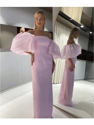 Organza Butik Taşlı Incili Balon Kol Elbise