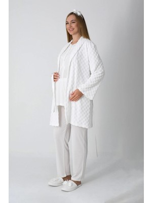 Erdeniz Tekstil Hamile Giyim 3'lü Pijama ve Sabahlıklı Takım - Kareli Jakarlı Sabahlıklı Lohusa Düğmeli Pamuk Pijama