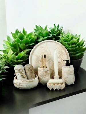 Feyza Design 6'lı Mermer Desenli Beton Banyo Seti, Sabunluk ve Diş Fırçalık