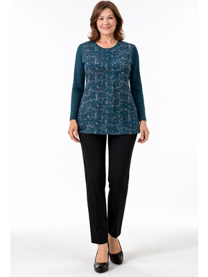 Mutlu City Kadın Desenli Yuvarlak Yaka Rahat Kesim Orta Yaş ve Üzeri Anne Penye Bluz 7001