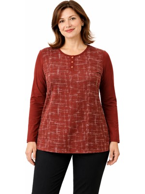 Mutlu City Kadın Desenli Yuvarlak Yaka Rahat Kesim Orta Yaş ve Üzeri Anne Penye Bluz 7001