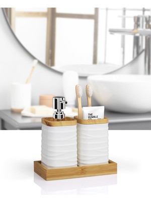 Feyza Design Beyaz Bambulu Sıvı Sabunluk ve Diş Fırçalık Seti, Şık ve Fonksiyonel