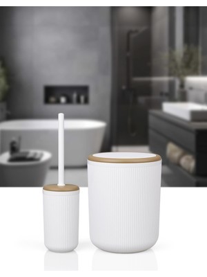 Feyza Design Kırık Beyaz Çizgili Yuvarlak Wc Kova ve Fırça Seti, Şık ve Kullanışlı
