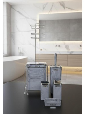 Feyza Design Kare Kromlu Mermer Desenli Yedekli Wc Kağıtlık ve 6 Parça Banyo Seti