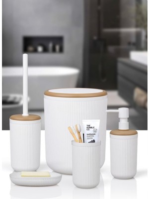 Feyza Design Şık Kırık Beyaz Çizgili Yuvarlak 5'li Banyo Seti