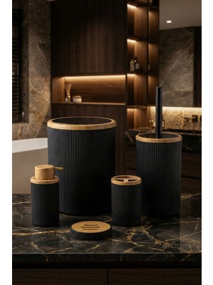 Feyza Design 5 Parça Siyah Ahşap Desenli Banyo Seti: Çöp Kovası, Fırçalık, Sabunluk, Diş Fırçalık