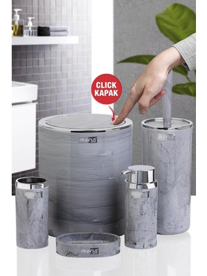 Feyza Design Kromlu Yuvarlak Mermer Desenli 5'li Banyo Seti, Şıklık ve Fonksiyonellik