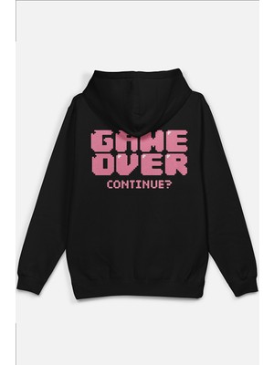 Overoz Game Over Sırt Baskılı Kapüşonlu Yarı Oversize Unisex Sweatshirt Siyah Hoodie 1199