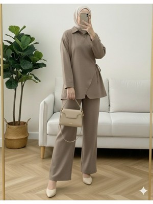 Modamorfo Çapraz Düğmeli Yandan Bağlamalı Yün Efekt Takım  -Açık Kahve