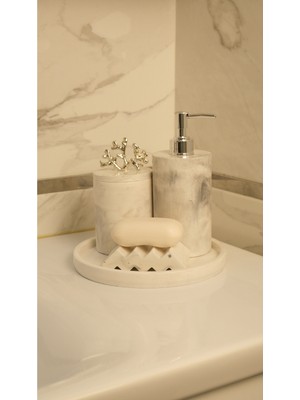 Feyza Design Beyaz Mermer Desenli Katı Sabunluk ve Banyo Seti, Şık ve Kullanışlı