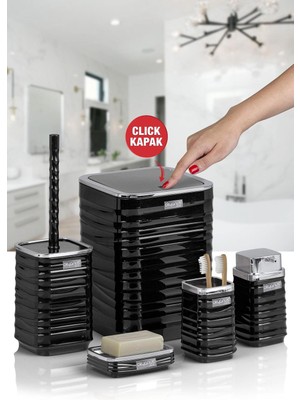 Feyza Design Şık Siyah Kromlu Kare 5'li Banyo Seti, Modern ve Şık Tasarım
