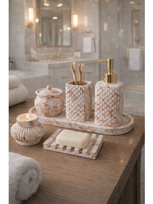 Feyza Design Mermer Desenli 6'lı Banyo ve Wc Dekoratif Aksesuar Seti