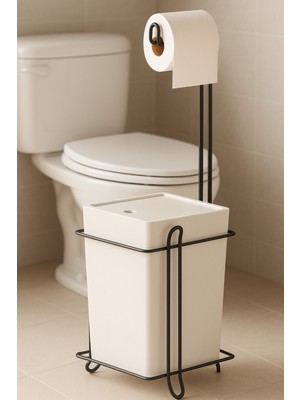 Feyza Design Modern Banyo Mutfak Çöp Kovası ve Metal Standlı Tuvalet Kağıtlık Seti