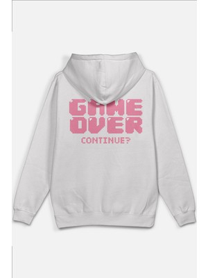 Overoz Game Over Sırt Baskılı Kapüşonlu Yarı Oversize Unisex Sweatshirt Beyaz Hoodie 1199