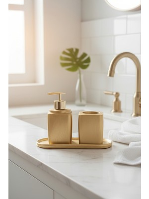 Feyza Design Altın Renkli Beton Banyo Seti 3 Parça, Şık ve Modern Tasarım