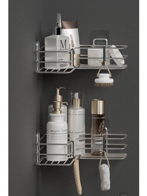 Feyza Design Krom Gümüş 2'li Köşeli Banyo Rafı, Yapışkanlı Duş Organizer