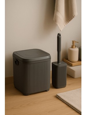 Feyza Design Şık Gri 2'li Banyo Seti ve Akrilik Kare Çöp Kovası ile Temizlik Keyfi
