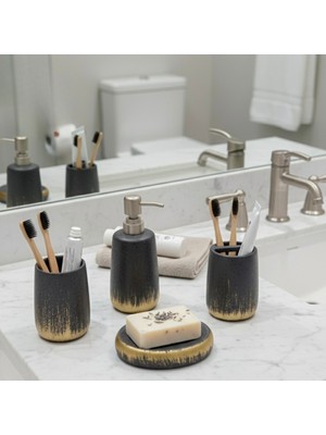 Feyza Design 4 Parça Porselen Oval Banyo Seti, Gold Detaylı Sabunluk ve Diş Fırçalık