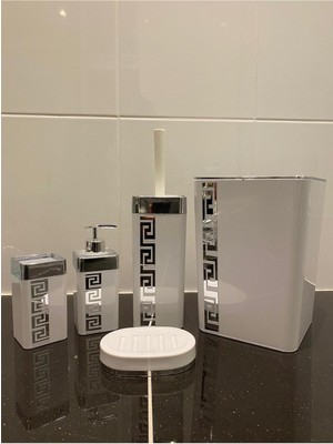 Feyza Design 5 Parça Beyaz Gümüş Banyo Takımı Seti: Sabunluk, Çöp Kovası, Fırça