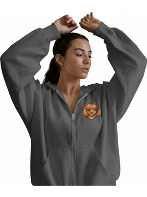 Muhtar Store Kadın Toy Poodle Baskılı Oversize Fermuarlı Hoodie
