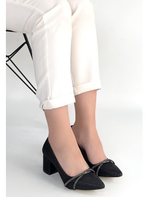 Alfaze Siyah Cilt Simli Sivri Burun Kalın Topuklu Ayakkabı Topuk Boyu 7 cm