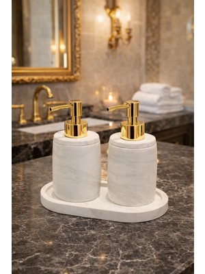 Feyza Design Mermer Desenli Beton 3'lü Banyo Mutfak Wc Seti ve Sunum Tepsisi